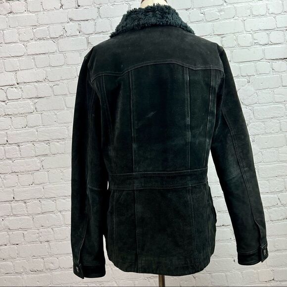 Vintage 90s Wilsons Leather Maxima Black Suede Sherpa Faux Fur Quilted Jacket - Picture 7 of 14